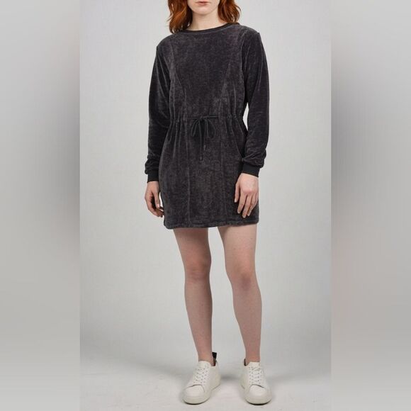 Comfy Fun Dark Blue Velour Dress Drawstring Waist & Pockets S M L - Picture 9 of 9